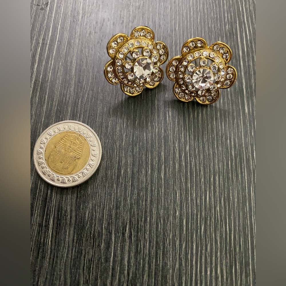 Gold Crystal Flower Stud Earrings - Clear Stones